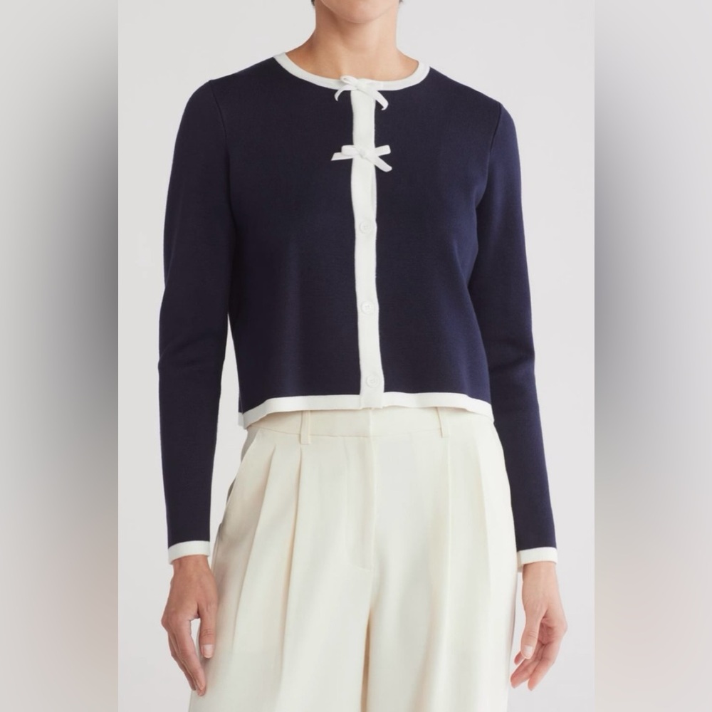 Navy and White Bow Cardigan